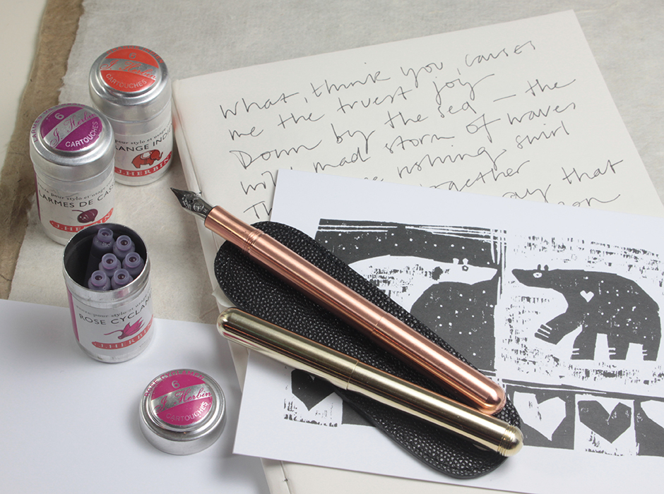 Brass & Copper Kaweco Liliput fountain pens with leather pouch. J.Herbin cartridge tins (in 20 colours) & a William Brown 'Getting to know you' card.