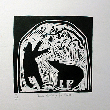 William Brown 'Bears Reaching for Pears' Woodblock. Edition of 23. 21cm x 21.5cm. £275 unframed